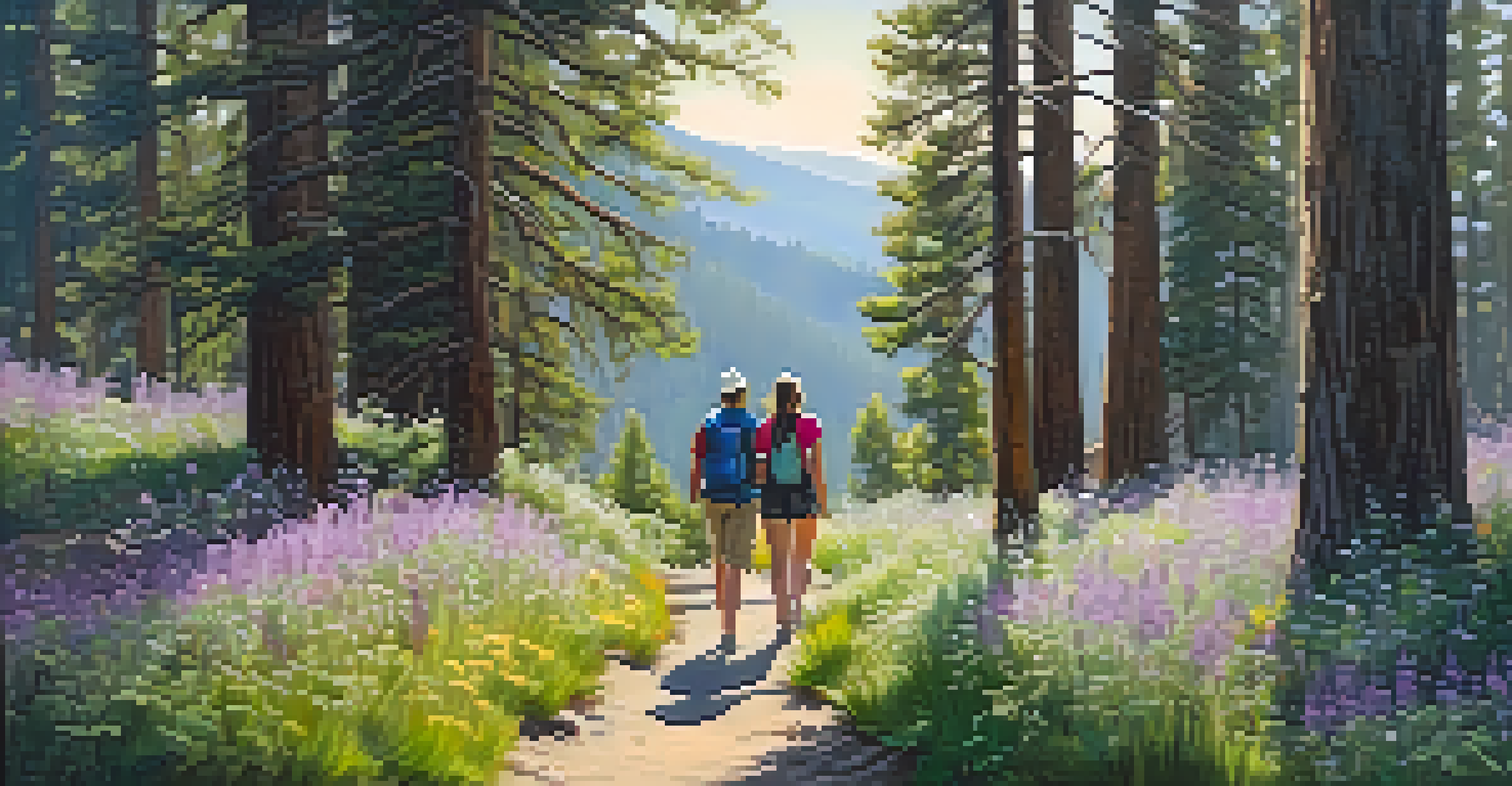 Participants walking on a nature trail filled with wildflowers, surrounded by trees under a bright sun.