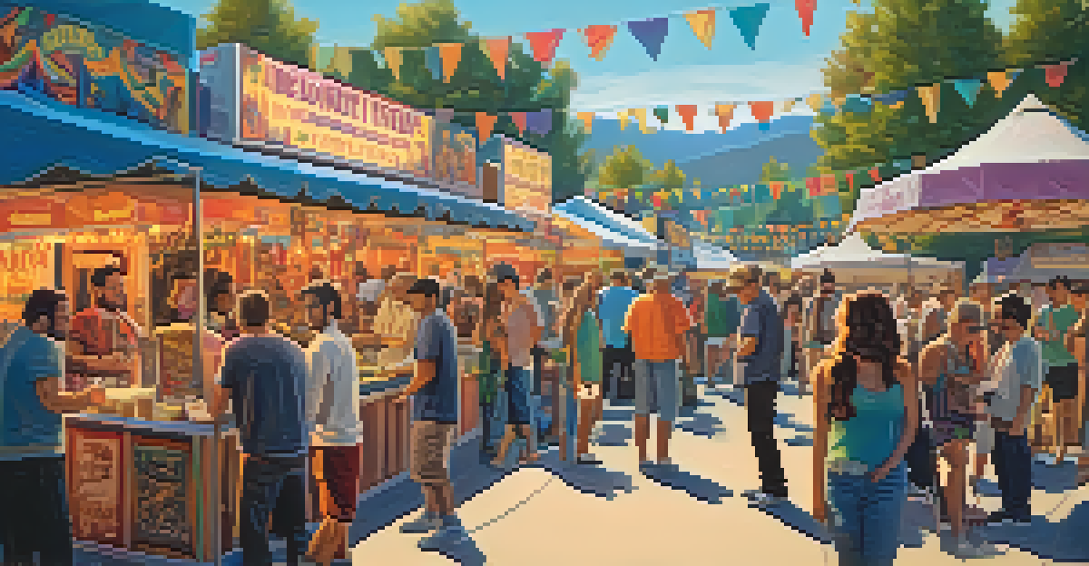 A lively festival scene at Big Bear Lake showcasing independent film posters and attendees mingling.