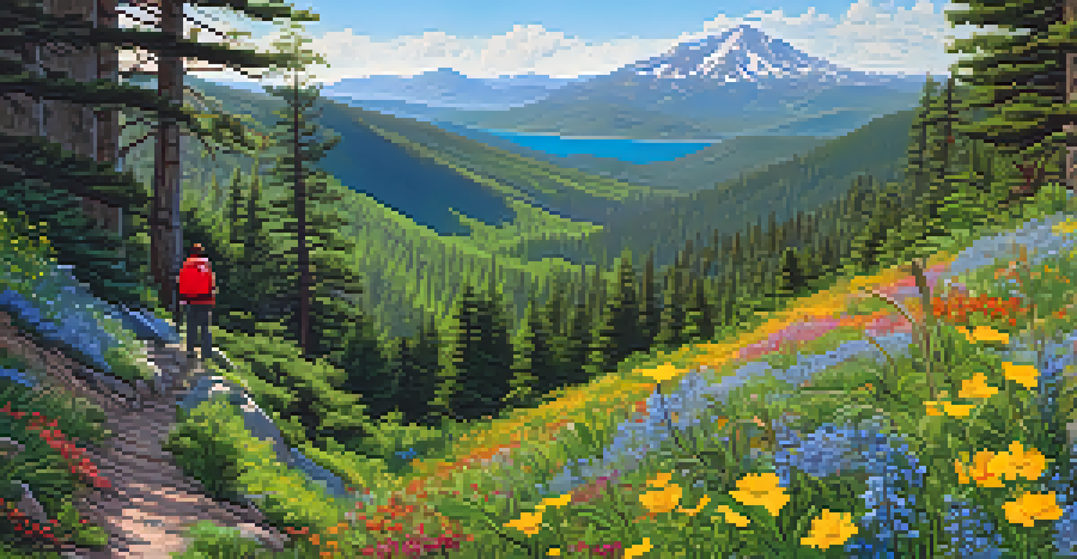 A colorful hiking trail in Big Bear with wildflowers, a birdwatcher with binoculars, and vibrant birds among the trees, set against mountain views.