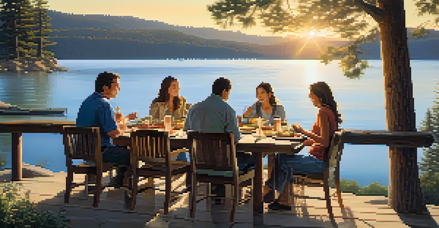 A family enjoying a meal at a lakeside restaurant with a view of Big Bear Lake.
