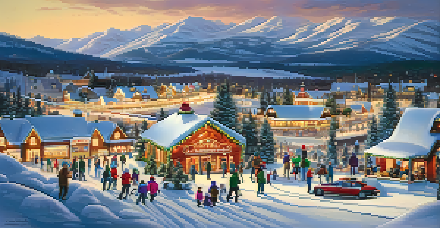A beautiful winter landscape with families enjoying sledding in the foreground and a cozy village nestled against snow-covered mountains.