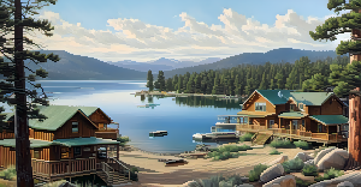 An aerial view of Big Bear Lake with historic cabins along the shore, surrounded by trees and mountains.