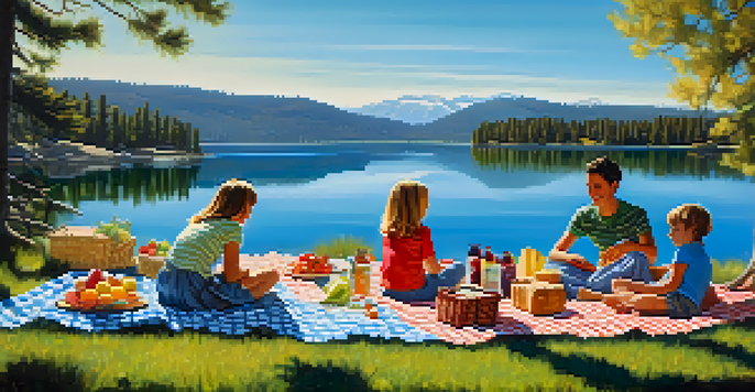 A serene picnic by Big Bear Lake with a blanket, picnic basket, children playing, and scenic mountains in the background.