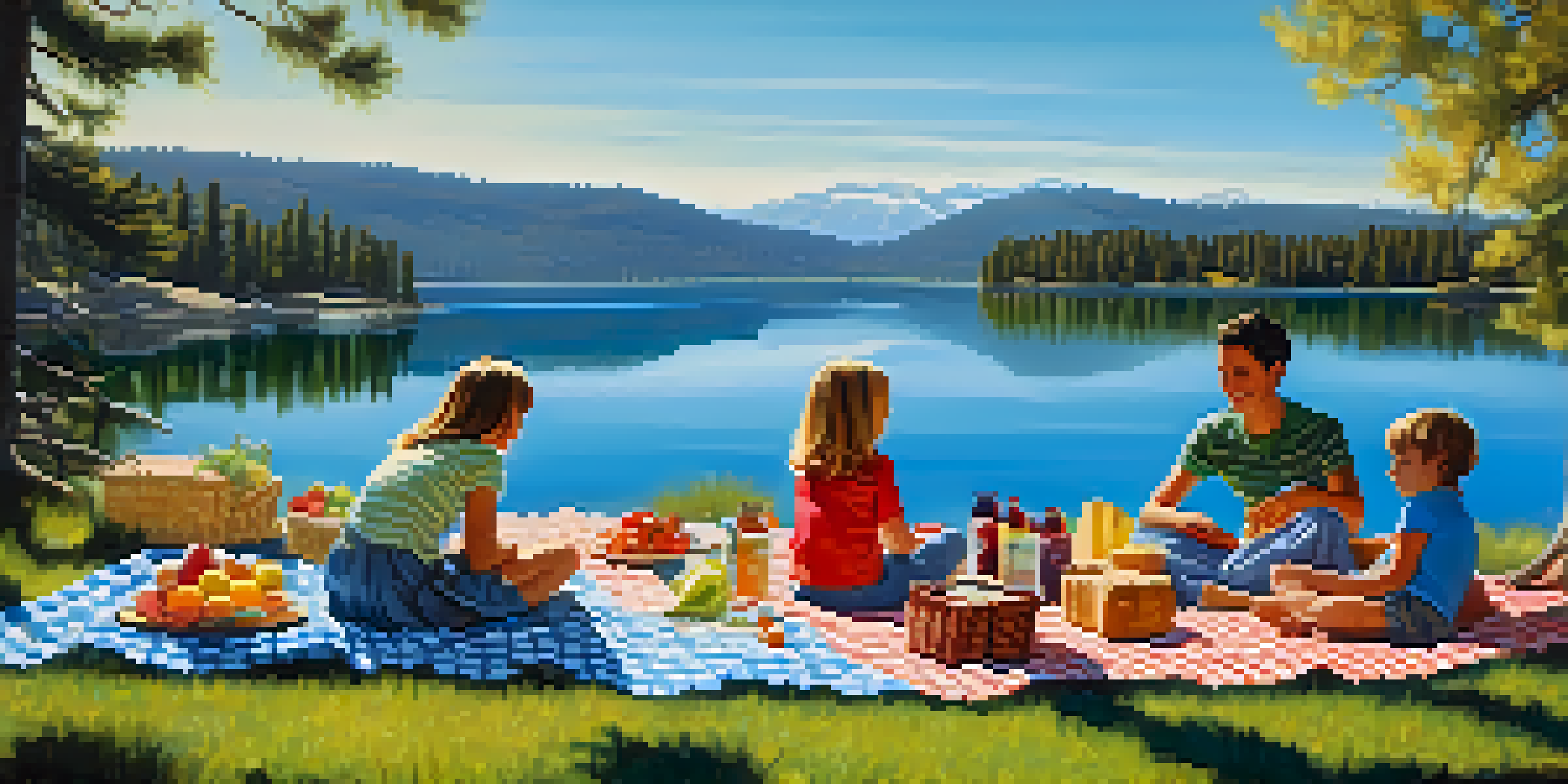 A serene picnic by Big Bear Lake with a blanket, picnic basket, children playing, and scenic mountains in the background.