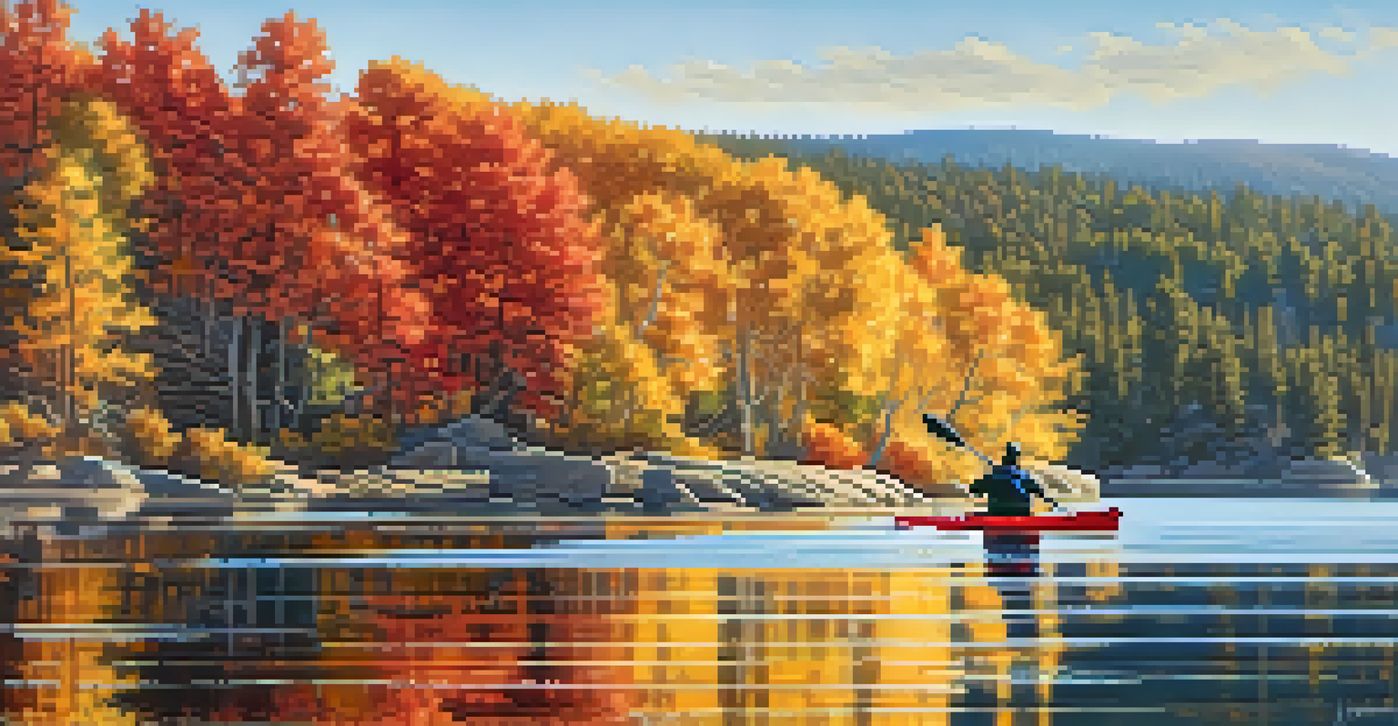 A serene autumn scene on Big Bear Lake with a kayaker surrounded by colorful fall leaves reflected in the water.