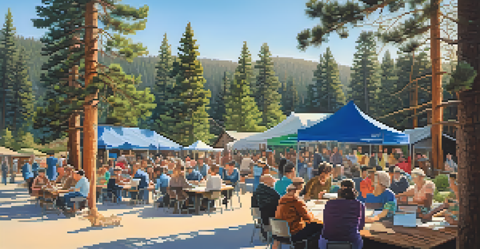 A community workshop in Big Bear with diverse residents discussing environmental projects around a table surrounded by trees.