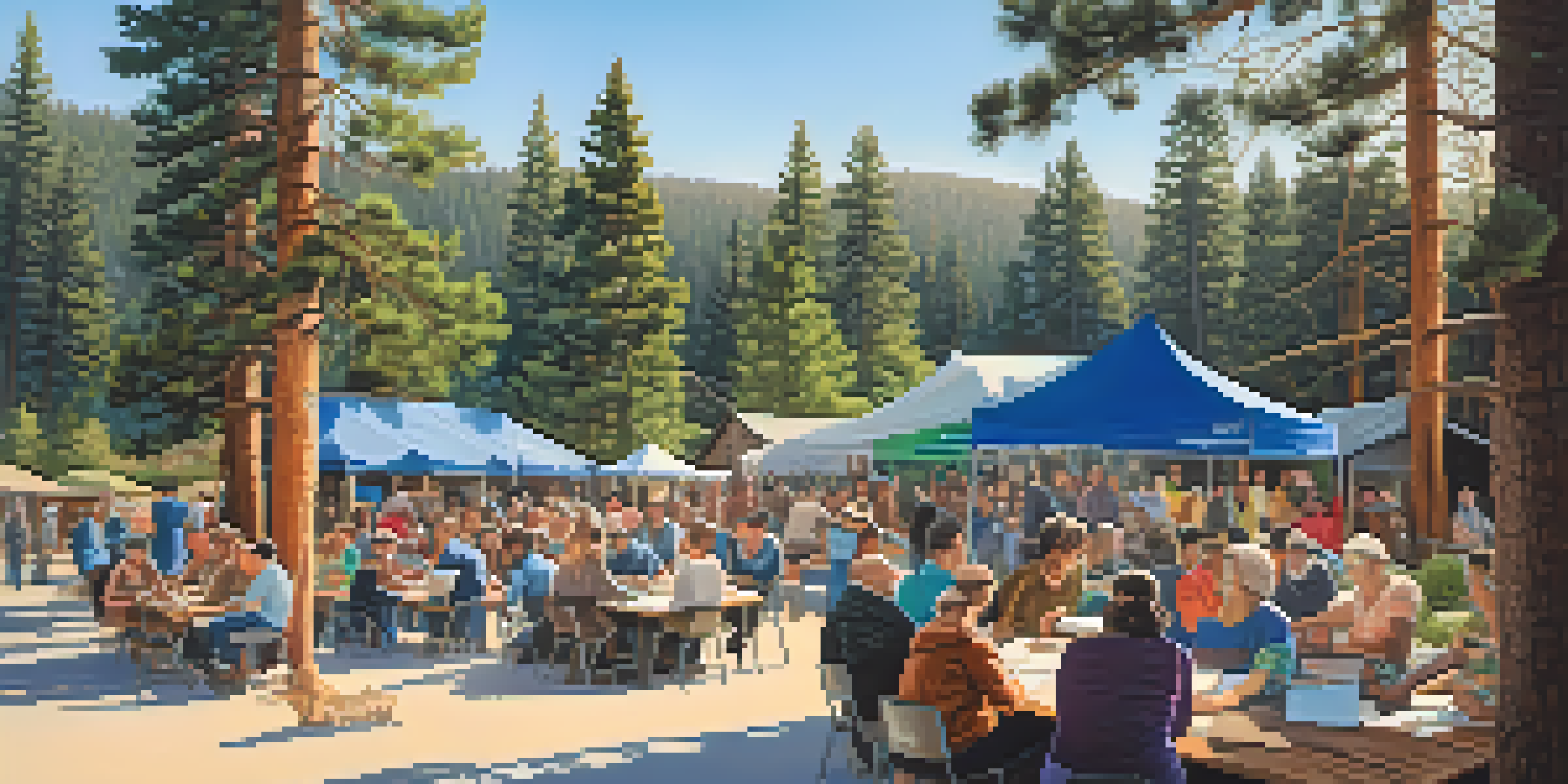 A community workshop in Big Bear with diverse residents discussing environmental projects around a table surrounded by trees.