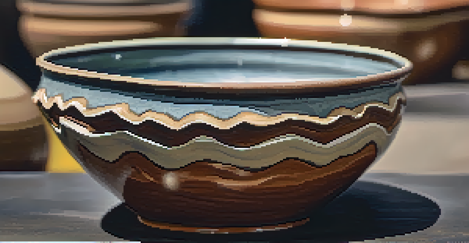 An artistic close-up of a beautifully glazed handmade ceramic pottery piece with intricate textures, set against a blurred backdrop of craft fair stalls.