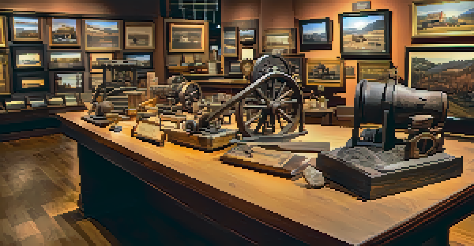 An interior display of mining artifacts in the Big Bear Historical Museum, including old tools on a table and informative panels in the background, illuminated by warm lighting.