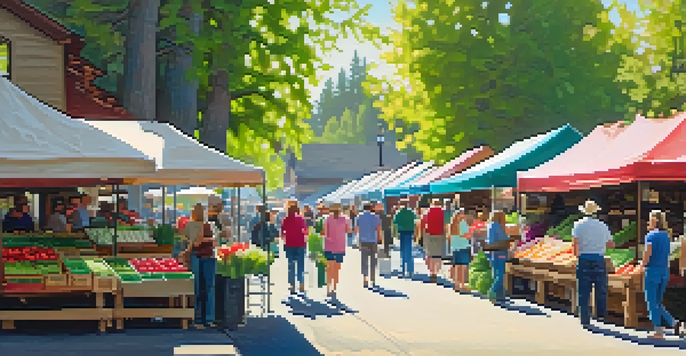 A lively farmers' market in spring with various fresh vegetables and fruits, people interacting with farmers, and warm sunlight.