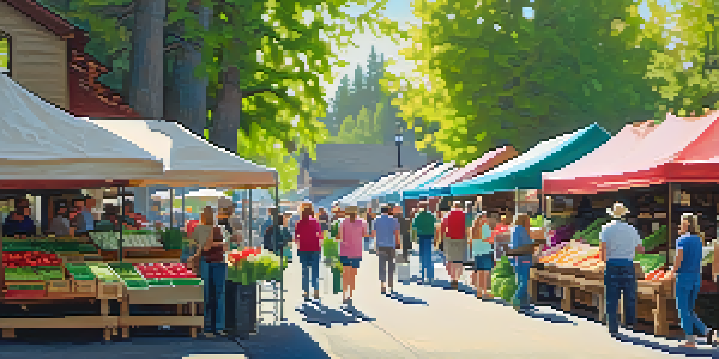 A lively farmers' market in spring with various fresh vegetables and fruits, people interacting with farmers, and warm sunlight.