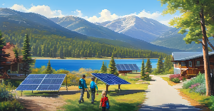 A picturesque view of Big Bear Lake with families walking and biking, surrounded by green forests and mountains, featuring solar panels on rooftops.