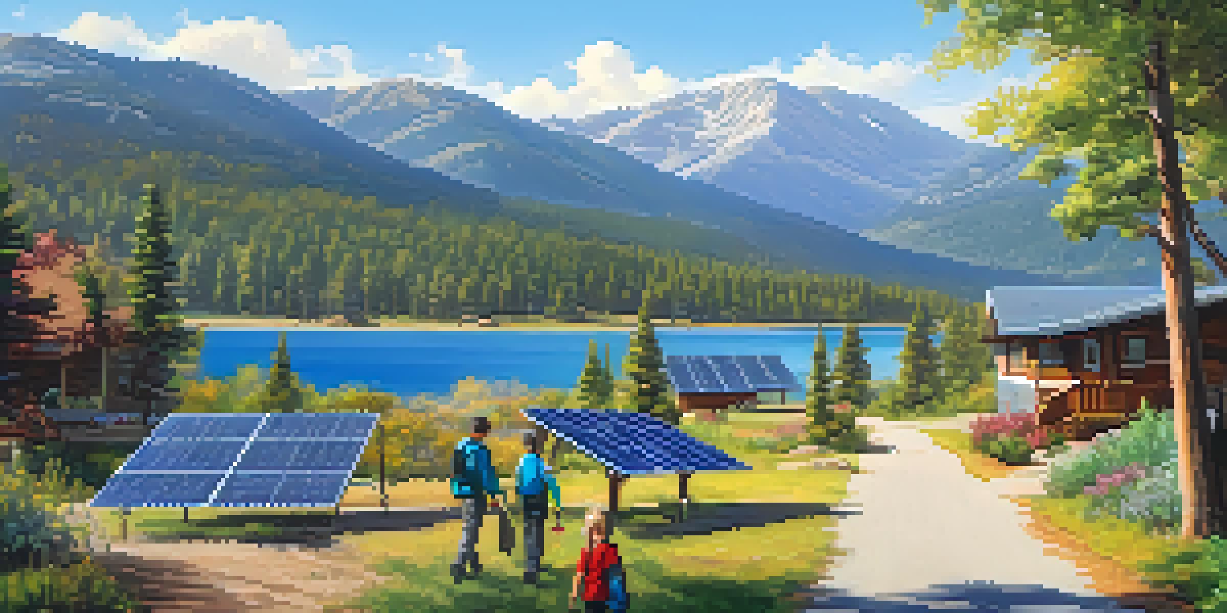 A picturesque view of Big Bear Lake with families walking and biking, surrounded by green forests and mountains, featuring solar panels on rooftops.