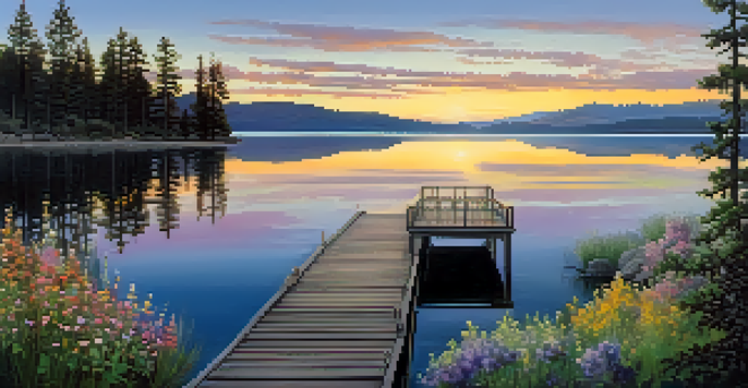 A peaceful view of Big Bear Lake at sunrise with a wooden pier and blooming wildflowers.
