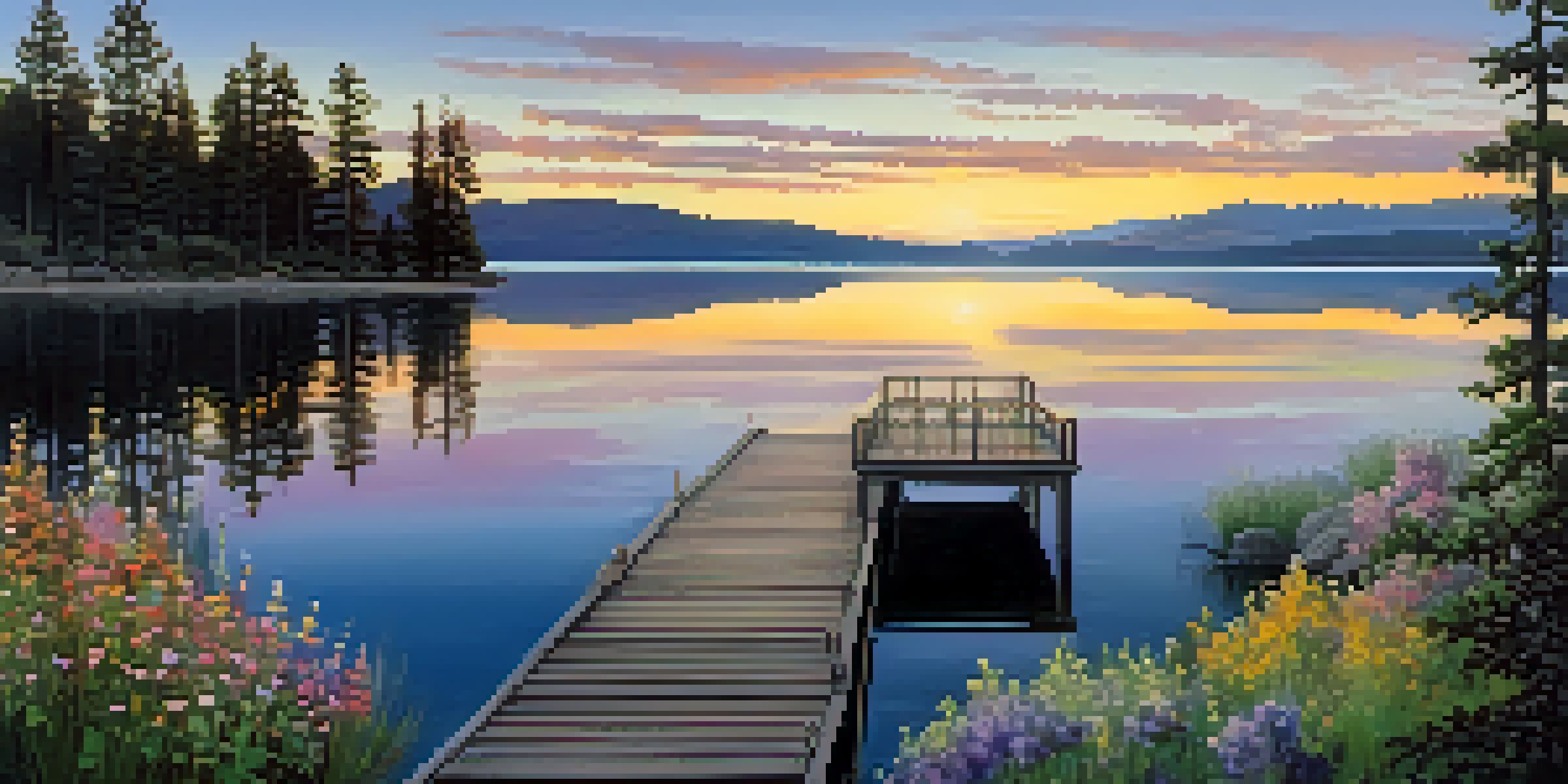 A peaceful view of Big Bear Lake at sunrise with a wooden pier and blooming wildflowers.