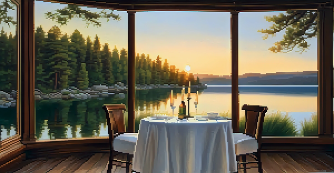 A romantic lakeside dining setup with a table for two, wine glasses, and a candle, set against a beautiful sunset over the lake.