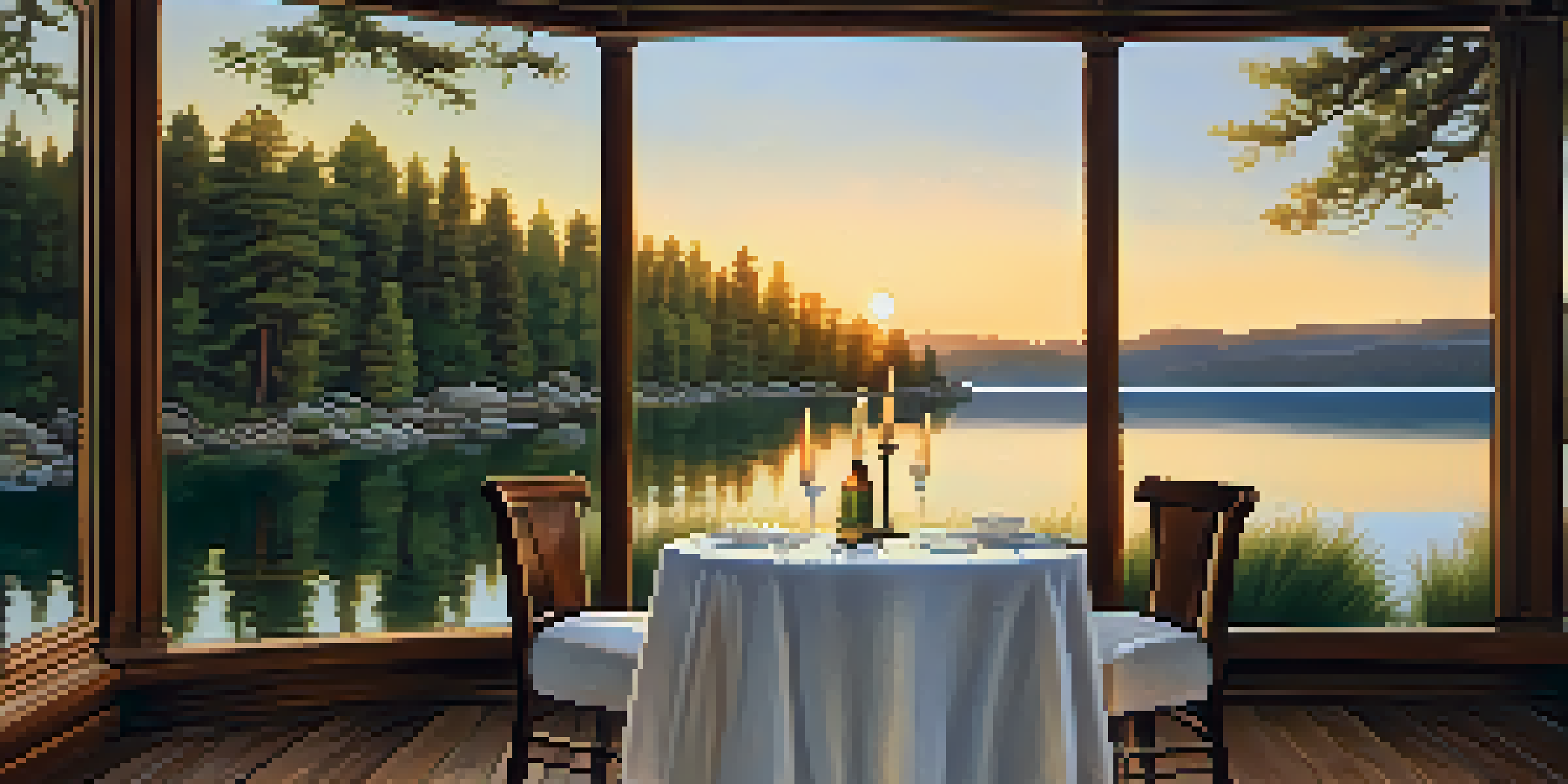 A romantic lakeside dining setup with a table for two, wine glasses, and a candle, set against a beautiful sunset over the lake.