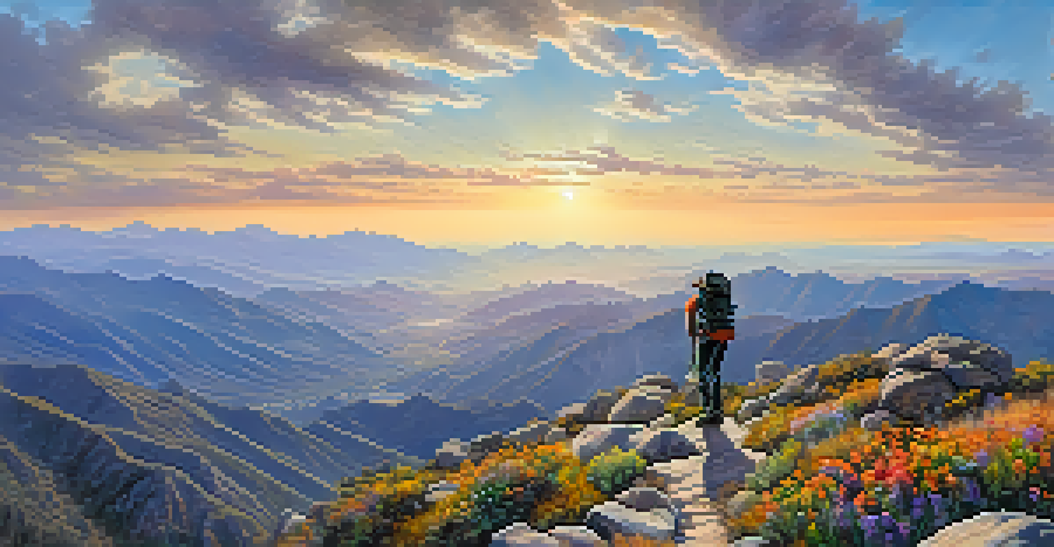 A hiker at the summit of the Skyline Trail with stunning mountain views and a dramatic sky.