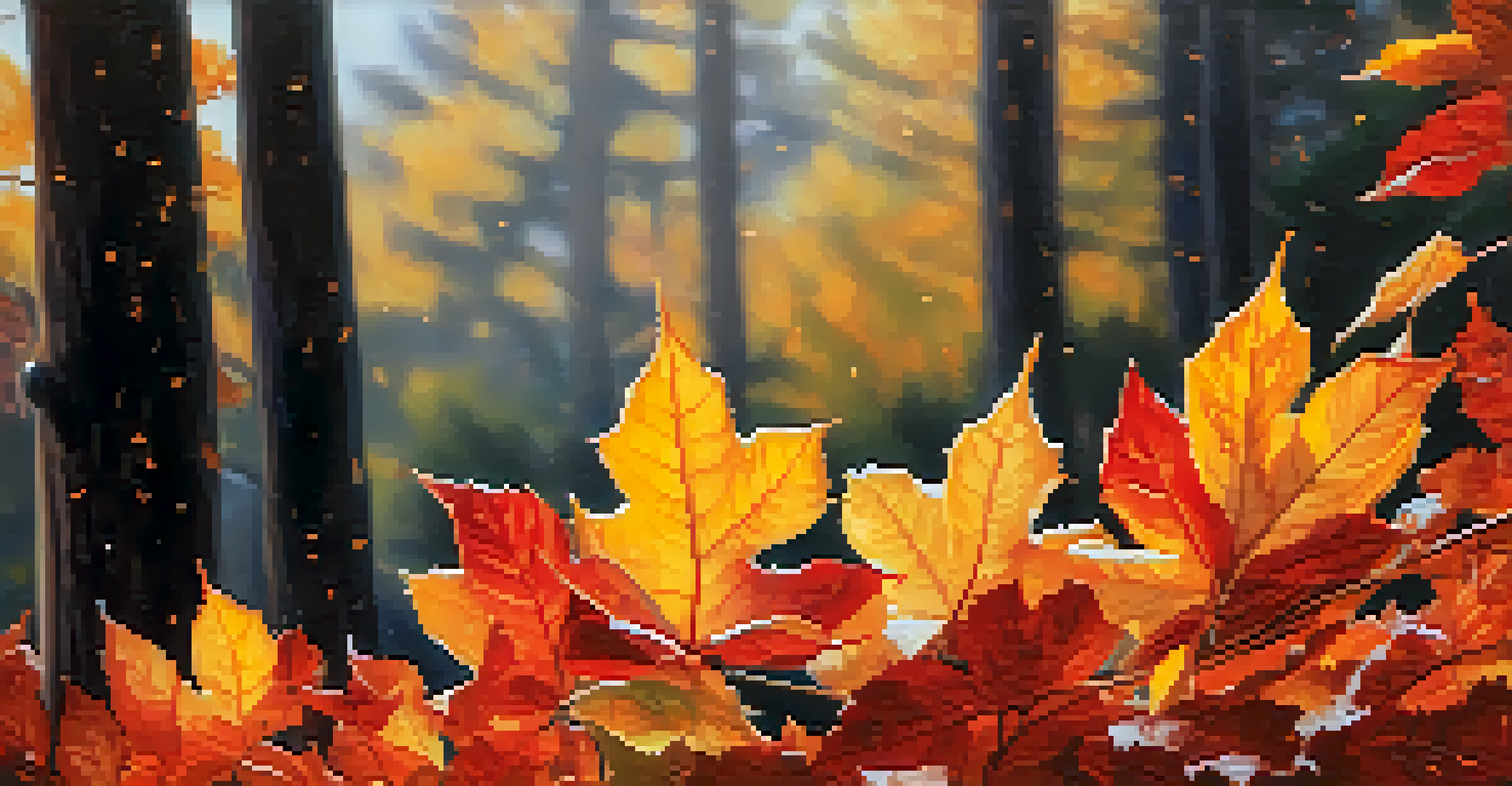 A close-up of colorful autumn leaves with dew drops, set against a blurred forest background.