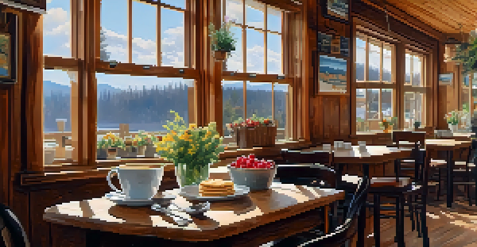 A cozy cafe with a wooden table, coffee, and pancakes, brightened by sunlight and decorated with local art.
