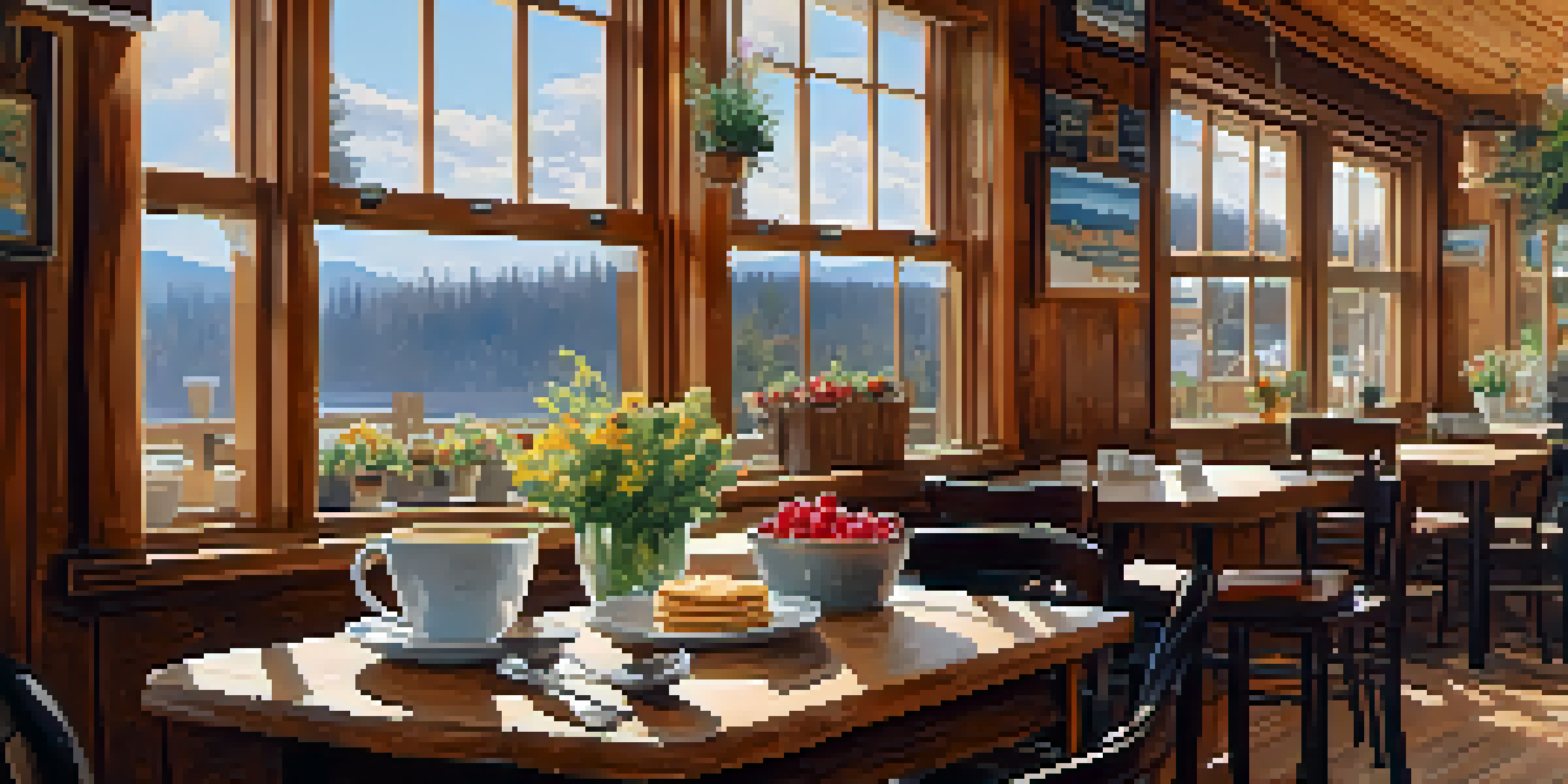 A cozy cafe with a wooden table, coffee, and pancakes, brightened by sunlight and decorated with local art.