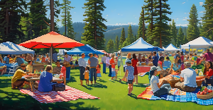 A lively community picnic with families enjoying food and games on a sunny day in a park surrounded by trees.