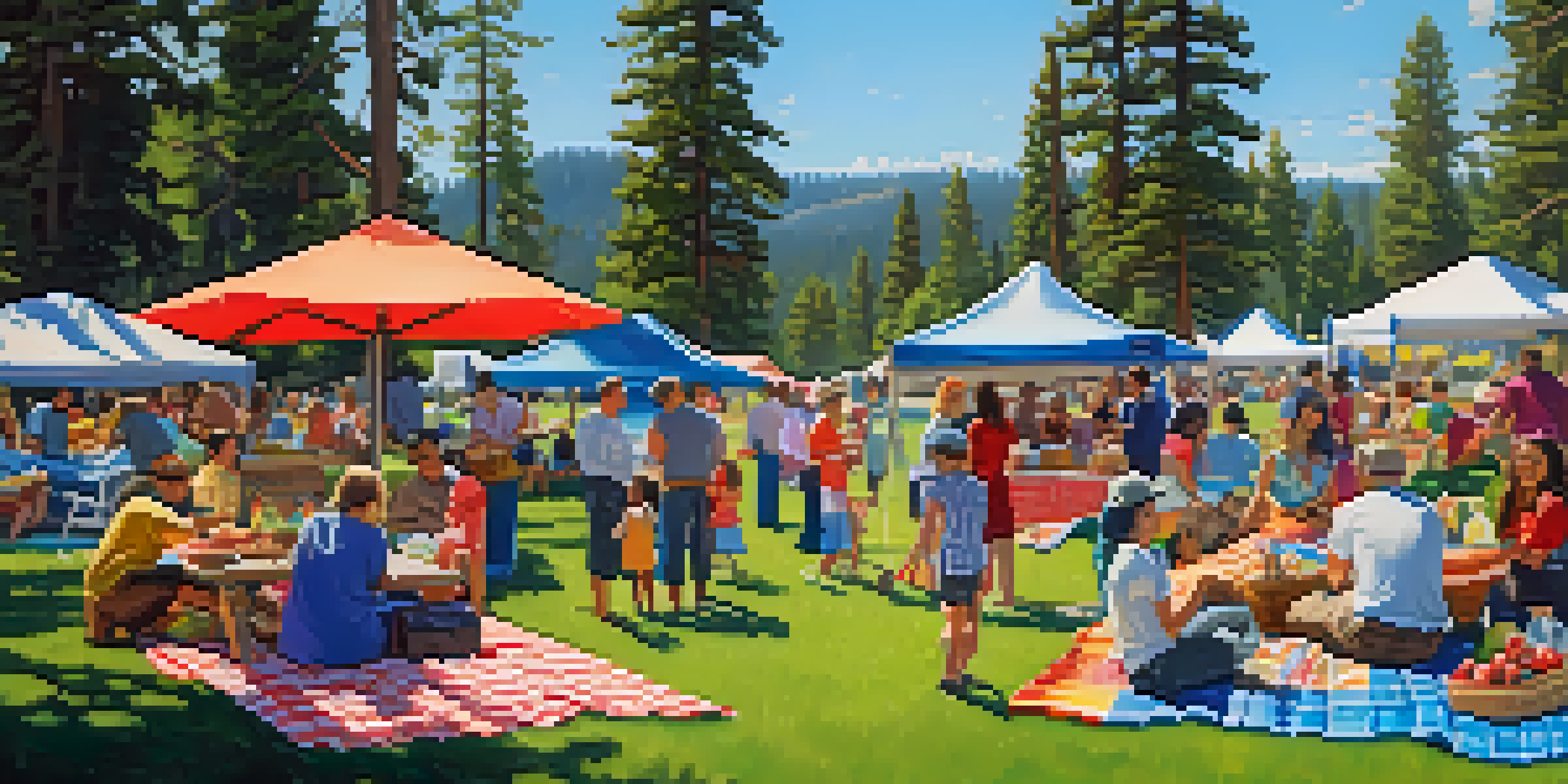 A lively community picnic with families enjoying food and games on a sunny day in a park surrounded by trees.