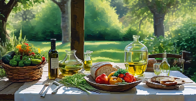 An outdoor dining table set with fresh seasonal vegetables, artisan bread, and olive oil, surrounded by greenery and natural light.