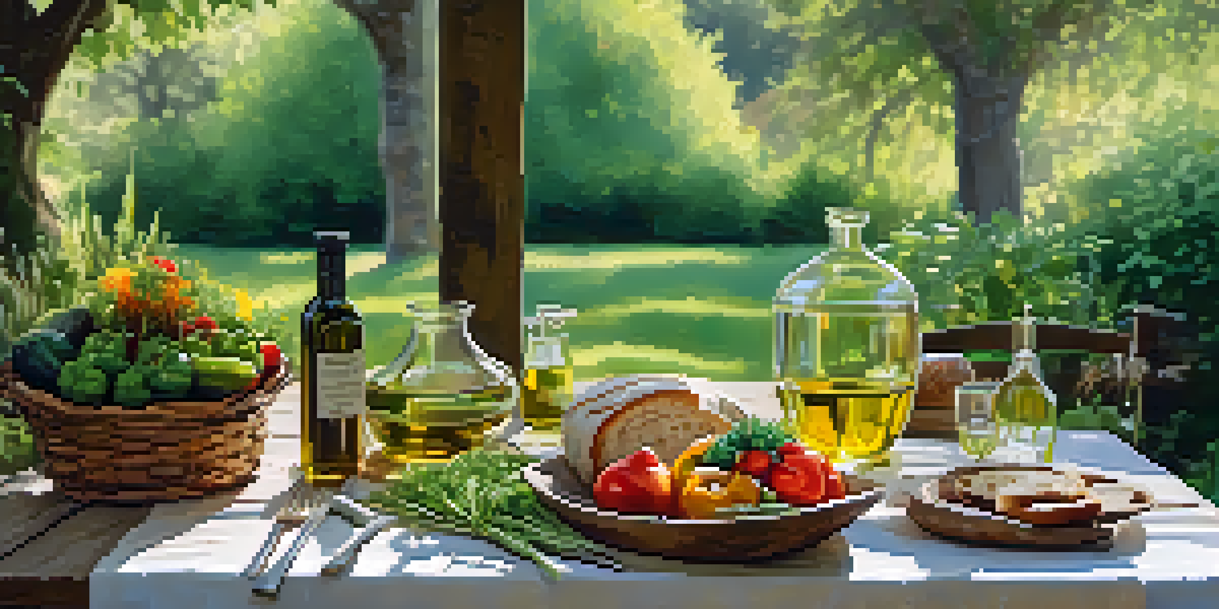 An outdoor dining table set with fresh seasonal vegetables, artisan bread, and olive oil, surrounded by greenery and natural light.