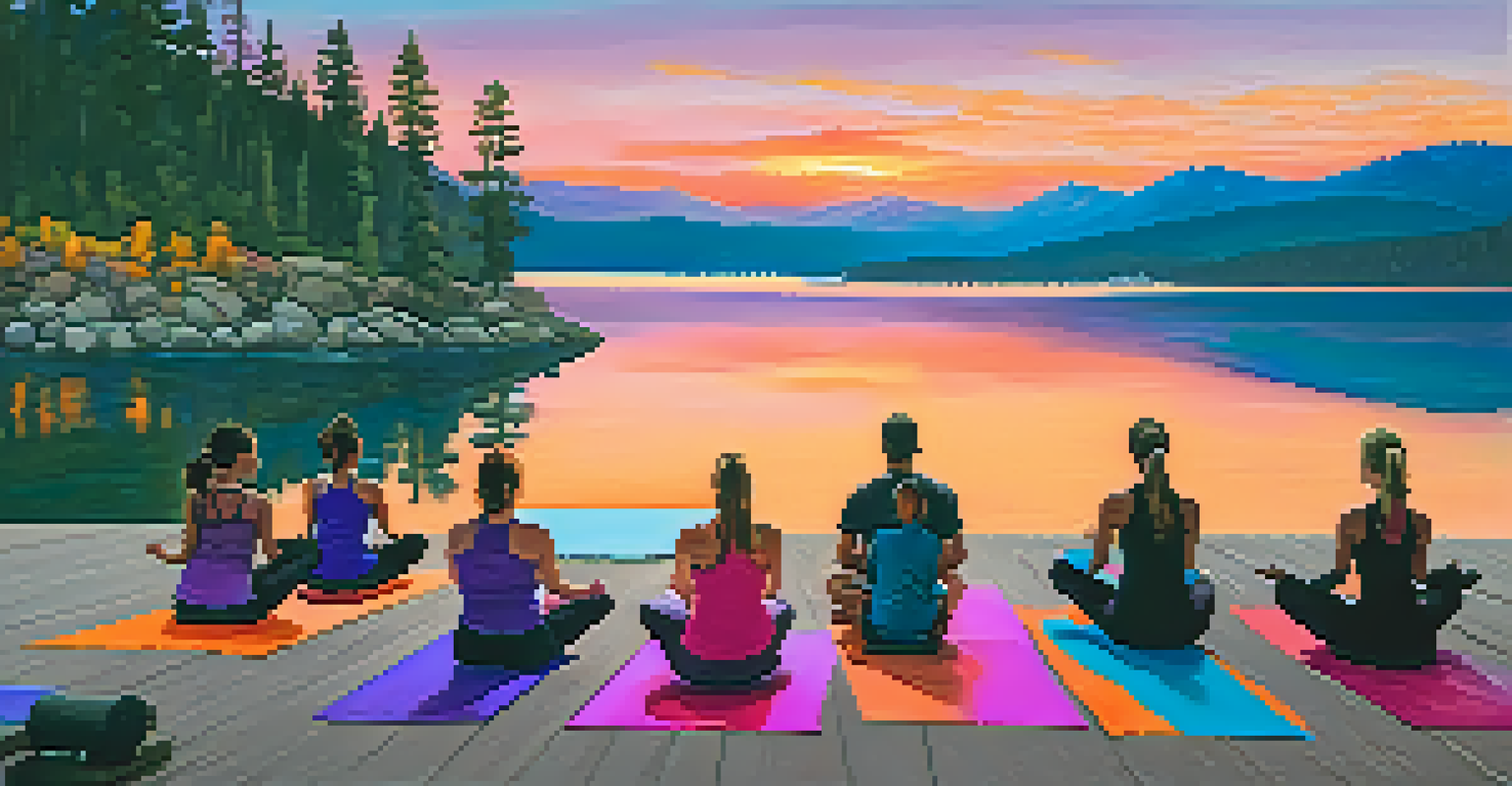 Participants in colorful yoga attire practicing yoga on mats during a vibrant sunset at Big Bear Lake.