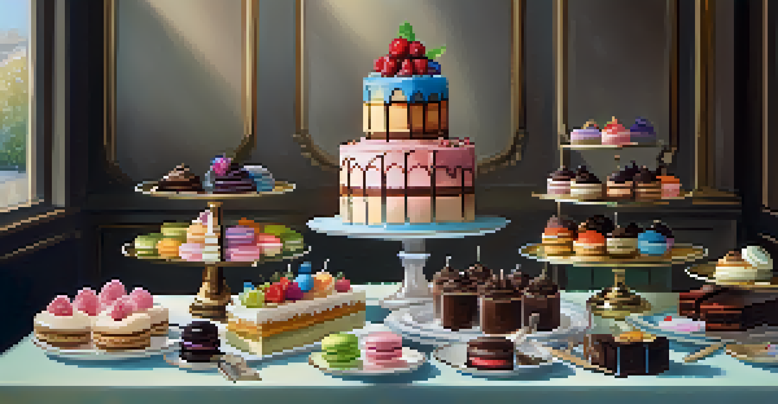 A dessert table with various sweet treats, including cake and ice cream, with couples enjoying their desserts in a cozy bakery.