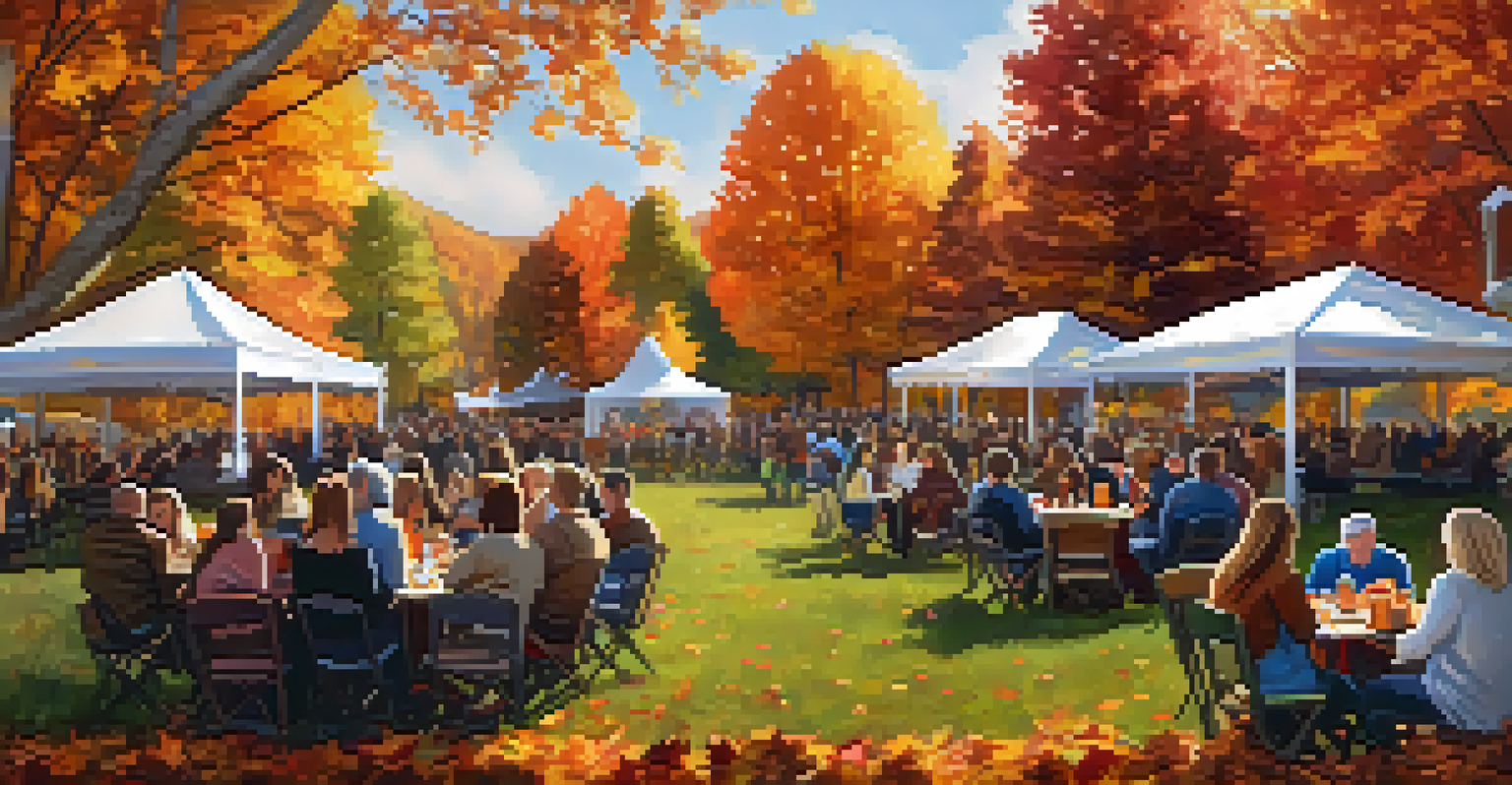 An autumn music festival with colorful trees, people enjoying live music, and sipping warm cider in a cozy setting.