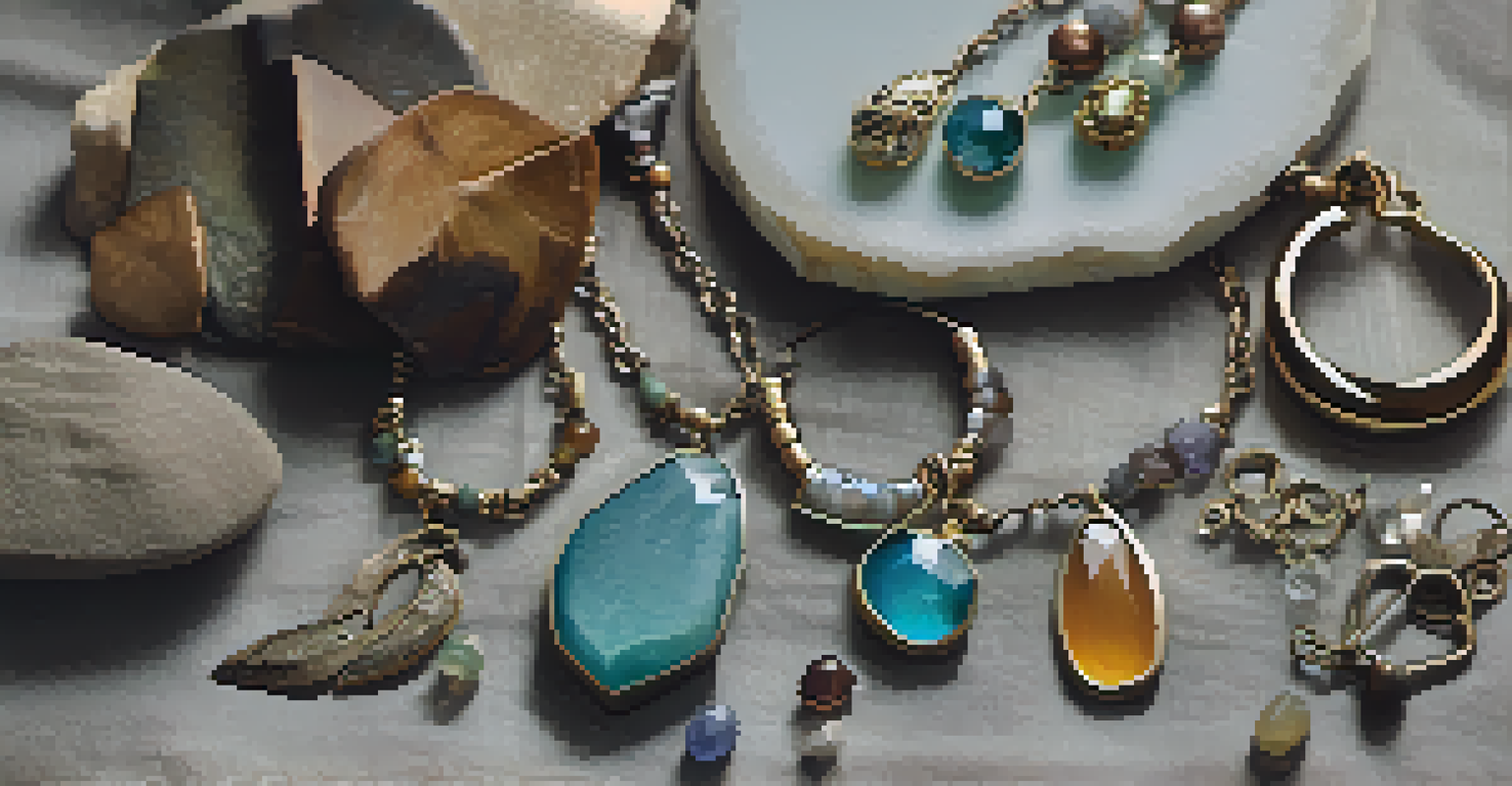 A flat lay of mixed media handcrafted jewelry on textured fabric, featuring reclaimed wood, gemstones, and metal pieces, with a note about the artisan's story beside it.