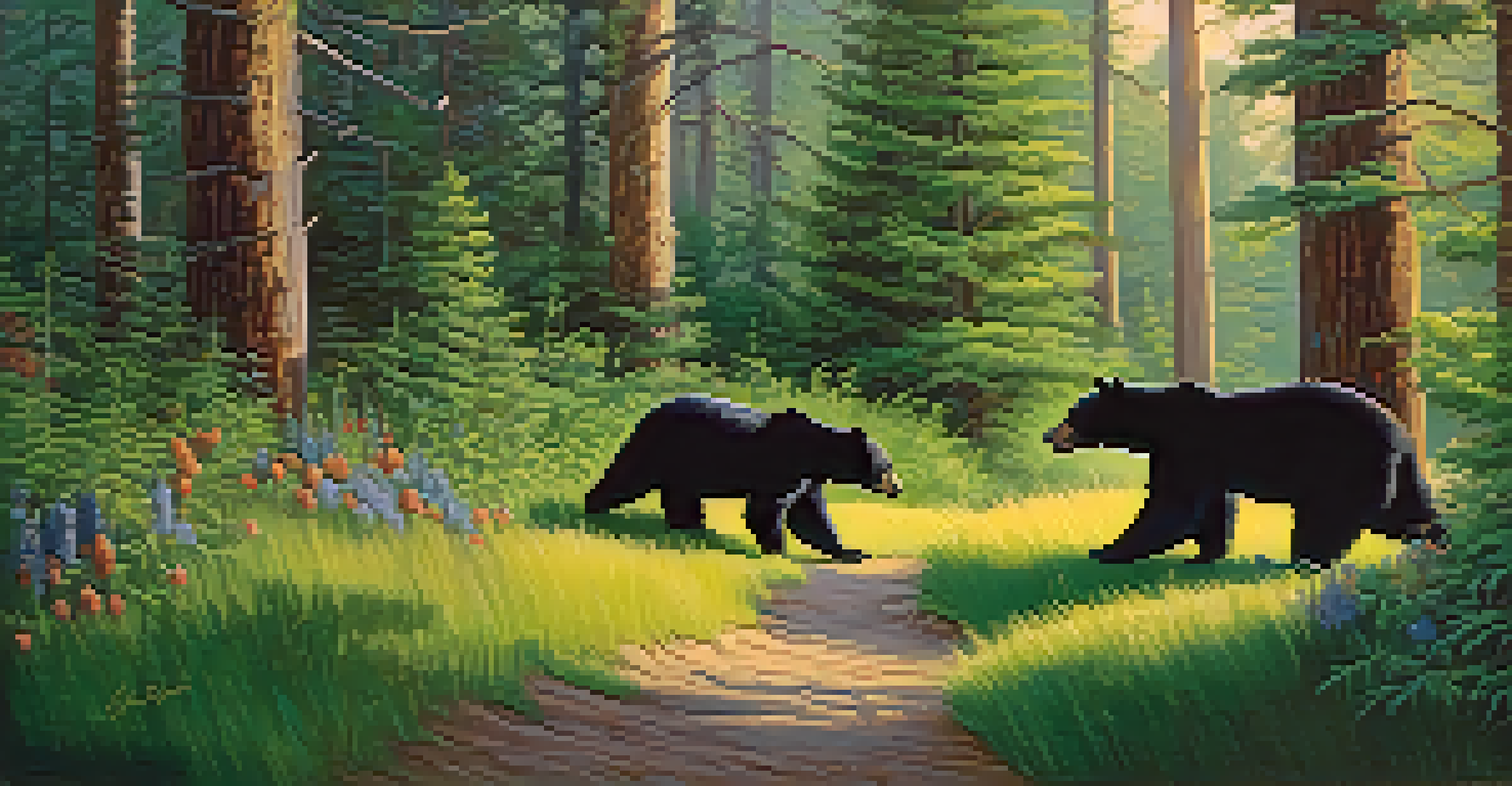 A summer scene in Big Bear featuring a family of black bears foraging for berries in a vibrant green forest.