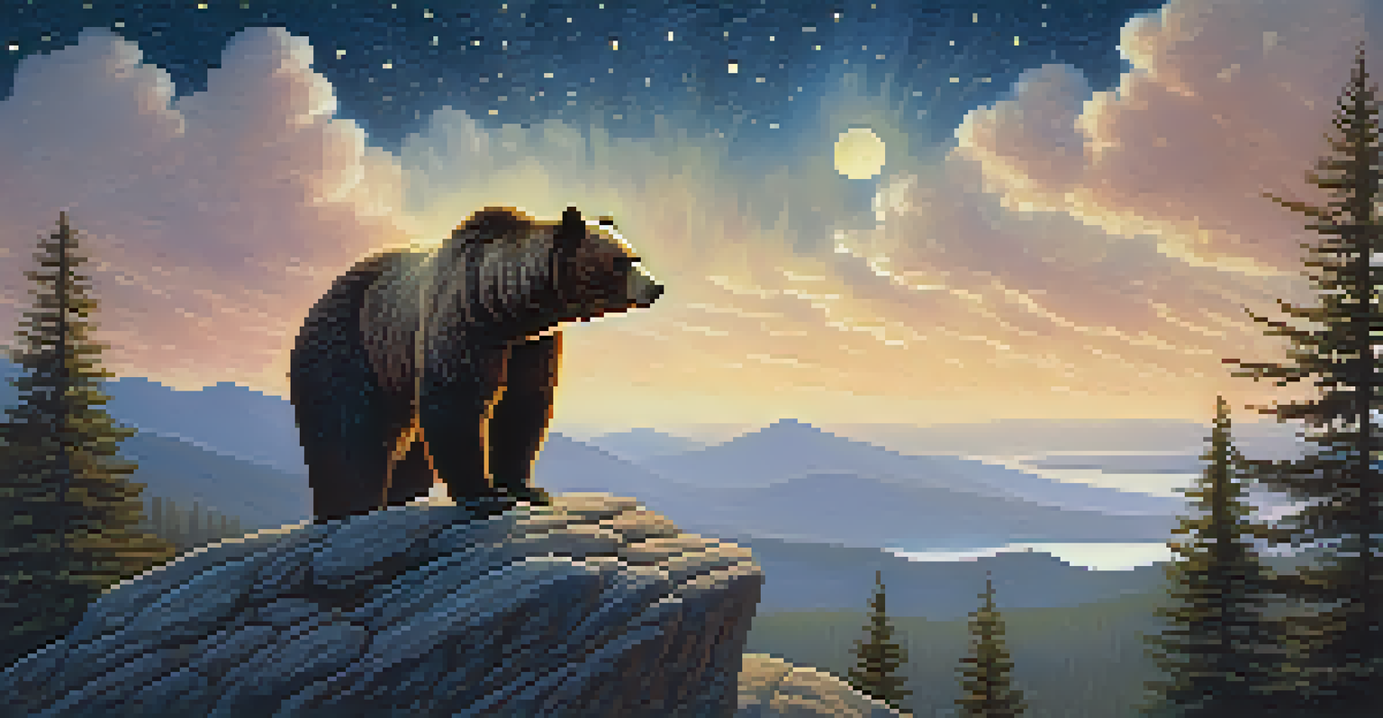 A majestic Bear Spirit sits on a mountain peak, glowing softly under a starry sky, overlooking a lush forest.