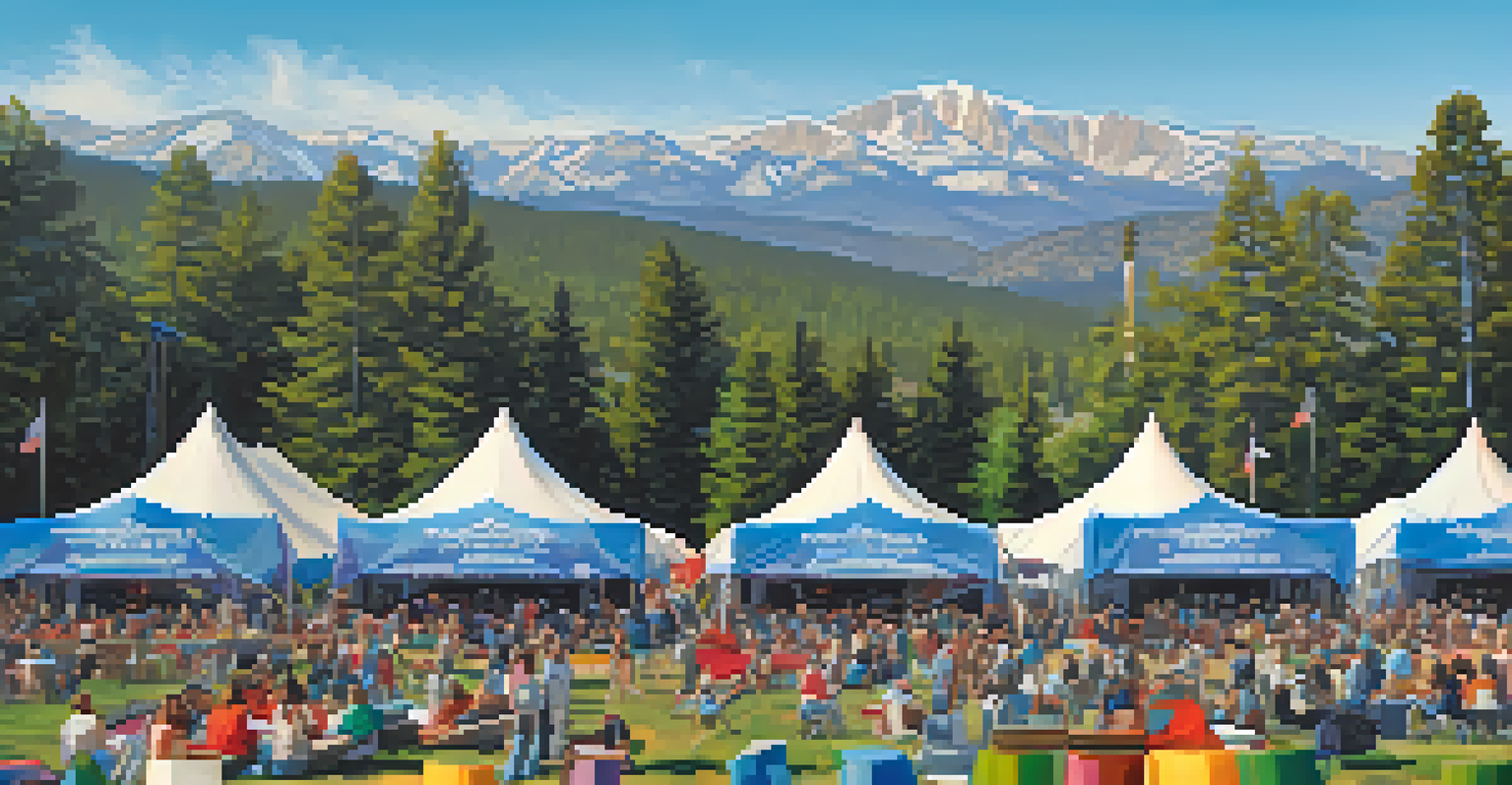 A panoramic view of Big Bear festival grounds with mountains and blue skies, showcasing tents and crowds enjoying the event.