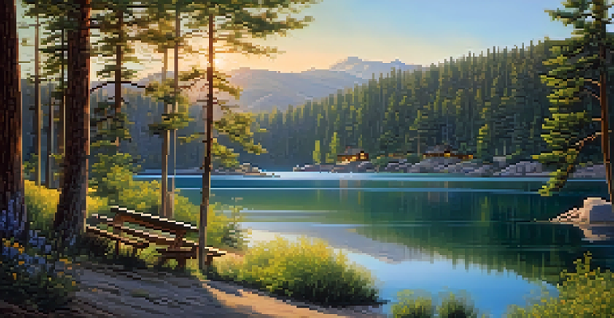 A beautiful view of Big Bear Lake with green forests, a wooden cabin, and wildflowers during sunset.
