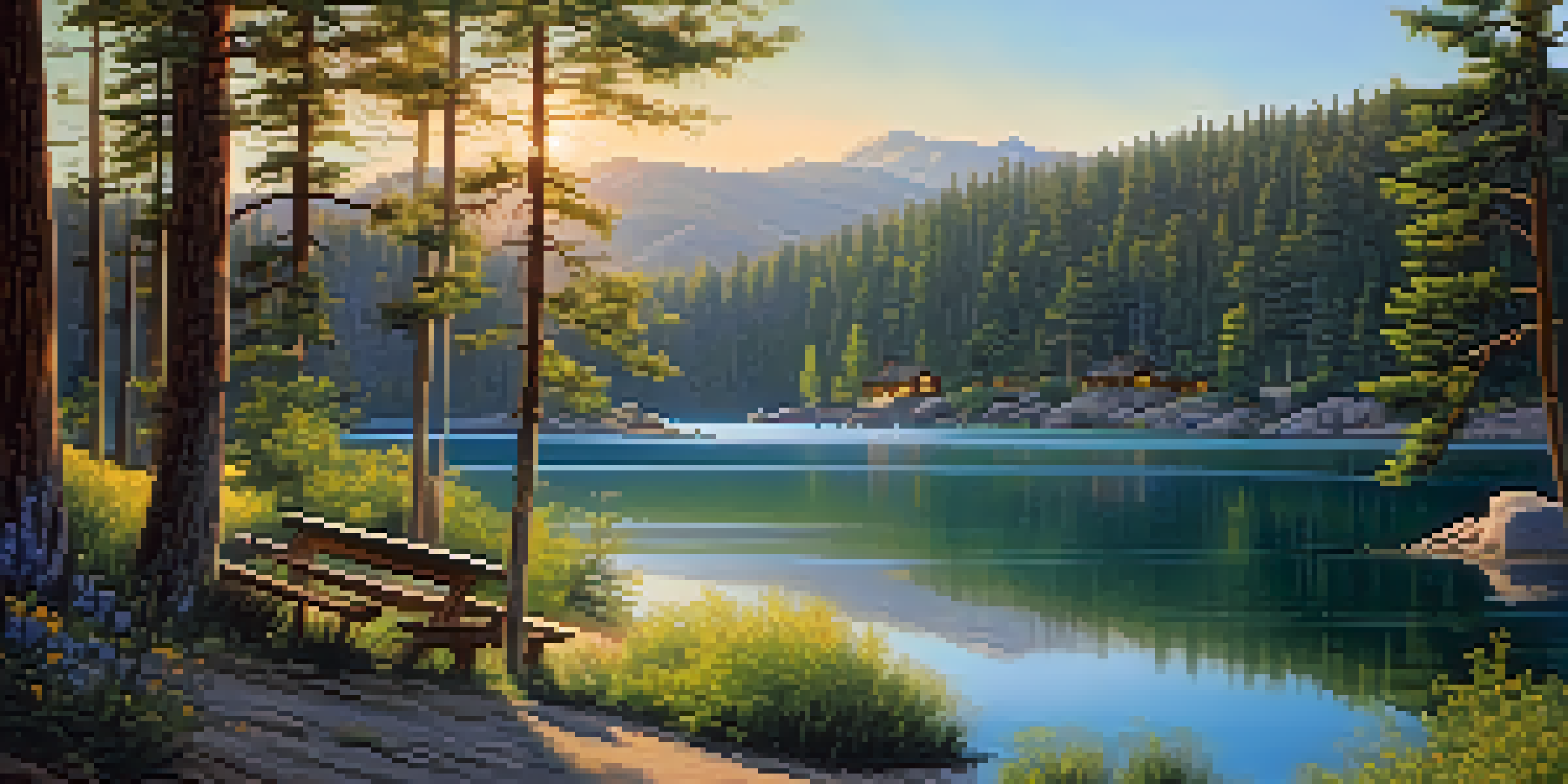 A beautiful view of Big Bear Lake with green forests, a wooden cabin, and wildflowers during sunset.