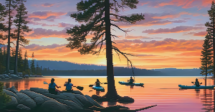A picturesque sunset over Boulder Bay Park, with families enjoying water activities on Big Bear Lake and tall pine trees in the background.