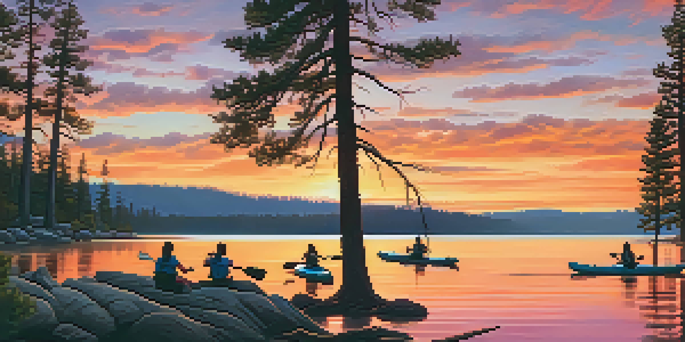 A picturesque sunset over Boulder Bay Park, with families enjoying water activities on Big Bear Lake and tall pine trees in the background.