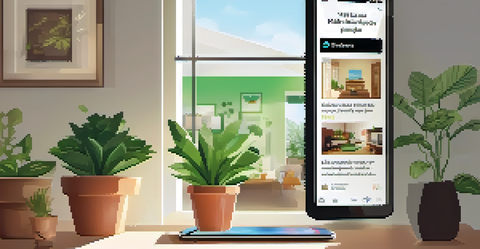 A smartphone displaying an infographic about local environmental issues, set in a cozy living room with plants.