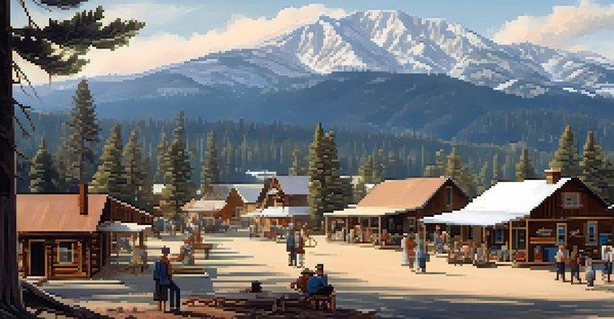 A peaceful view of Big Bear during the Great Depression, with wooden cabins, pine trees, and locals gathering together, reflecting community support.