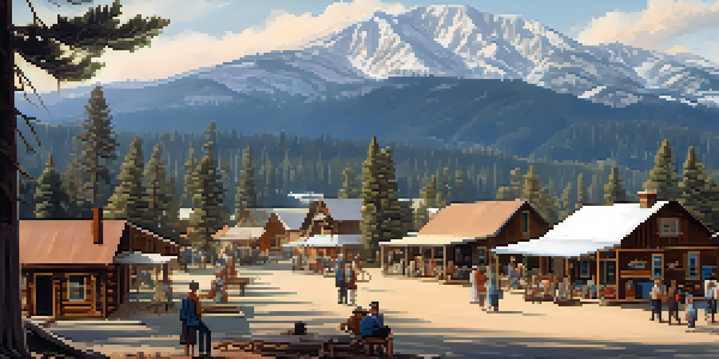A peaceful view of Big Bear during the Great Depression, with wooden cabins, pine trees, and locals gathering together, reflecting community support.