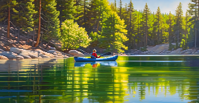 A peaceful spring scene depicting kayakers on Big Bear Lake with blooming flowers and trees, illuminated by sunlight.