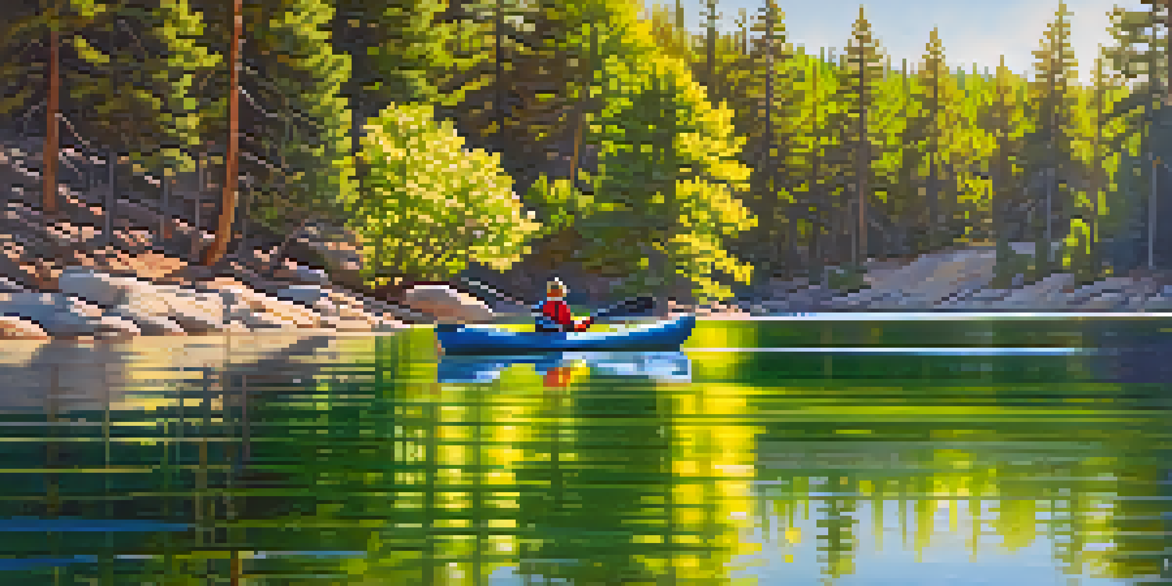 A peaceful spring scene depicting kayakers on Big Bear Lake with blooming flowers and trees, illuminated by sunlight.