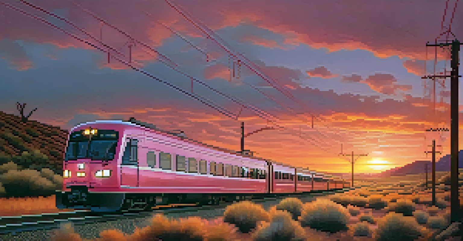 A train on the APS Rail Line with a sunset backdrop and deer grazing in the fields.