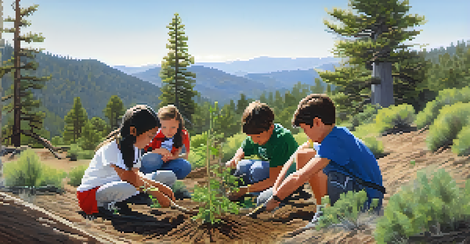 Children planting native trees in Big Bear as part of the Young Stewards Program, surrounded by greenery.
