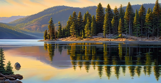 A serene sunrise over Big Bear Lake, showcasing golden light on the water and mountains, with lush pine trees in the foreground.