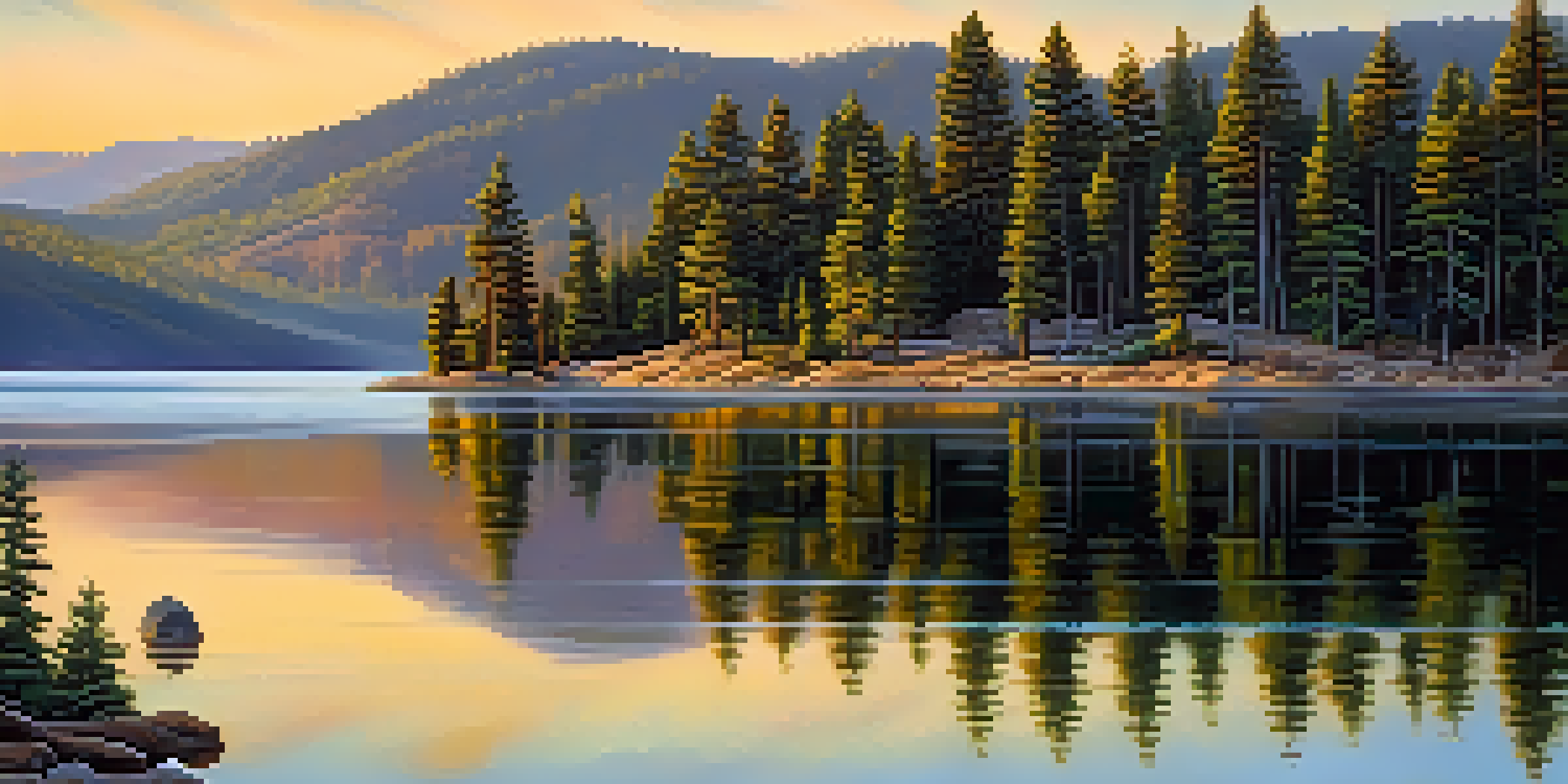 A serene sunrise over Big Bear Lake, showcasing golden light on the water and mountains, with lush pine trees in the foreground.