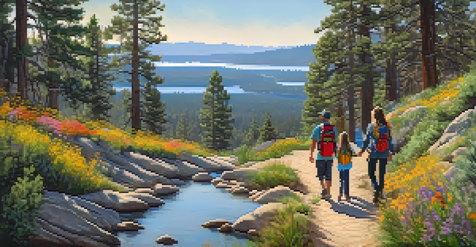 A family hiking on the Castle Rock Trail with views of Big Bear Lake in the background.